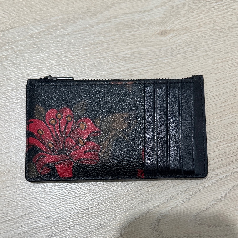 Coach Black Leather Floral Card Case with Red Flower